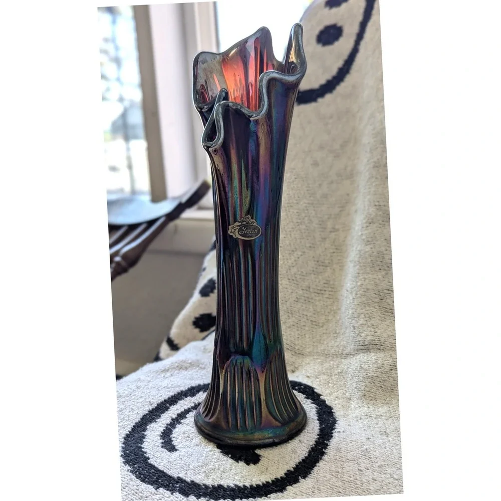 Fenton Amethyst Iridescent Carnival Glass Swung Bud Vase‎ Ruffled Rim 12 inch